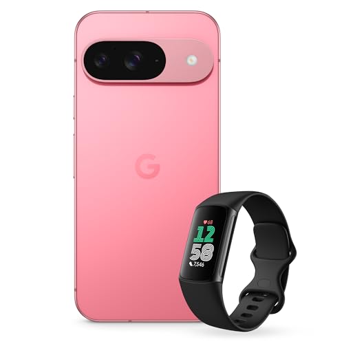 Google Pixel 9 – Android-Smartphone mit Gemini ohne SIM-Lock, erweiterte Kamerafunktion – Peony, 256GB + Fitbit Charge 6 Aktivitätstracker, Obsidian / Aluminium Schwarz