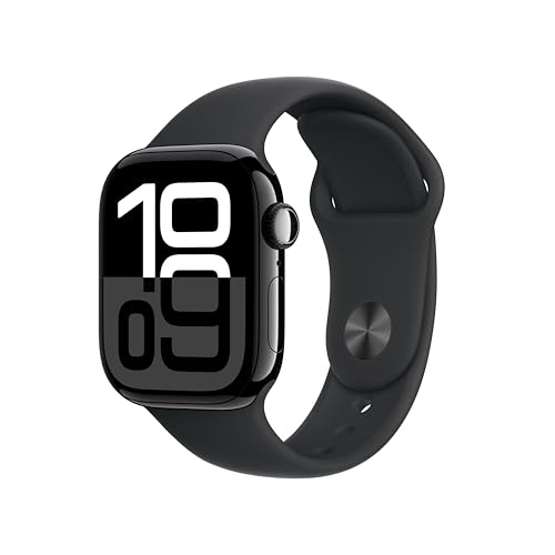 Apple Watch Series 10 (GPS 42 mm) Smartwatch mit Aluminiumgehäuse in Diamantschwarz und Sportarmband in Schwarz (M/L). Fitnesstracker, EKG App, Always-On Retina Display, Wasserschutz