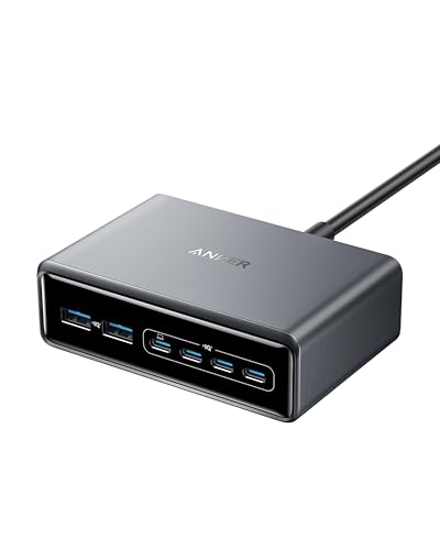 Anker Prime Ladegerät, 200W 6 Anschlüsse GaN Ladestation, USB-C PD Desktop Ladegerät mit Schnell-Laden, kompatibel mit iPhone 17/16/15 Series, Samsung, MacBook, Dell und mehr