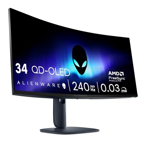 Alienware 34 Gaming Monitor – AW3425DW, WQHD (3440×1440), 21:9 1800R Curved, 240Hz, QD OLED, 0.03ms, NVIDIA G-SYNC Kompatibel, AMD FreeSync Premium Pro, HDR True Black 400, USB-C, 3 Jahre Garantie