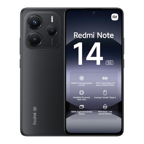 Xiaomi Redmi Note 14 5G Smartphone, 8 + 256GB, Black, 108MP AI-Kamerasystem, 5110mAh Akku, 120Hz Augenschutzdisplay, AI-Funktionen (kein Ladegerät enthalten)