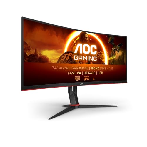 AOC Gaming CU34G2XP - 34 Zoll WQHD Curved Monitor, 180 Hz, FreeSync Prem., HDR400 (3440x1440, 1ms GtG, HDMI, DisplayPort, USB Hub) schwarz-rot