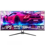 Gawfolk UltraWide Monitor 34 Zoll IPS, Gaming PC Bildschirm 120Hz DFHD(2560×1080P), 21:9 Rahmenloses Computerbildschirm mit FreeSync, HDMI, DisplayPort, VESA 75 * 75mm, Schwarz