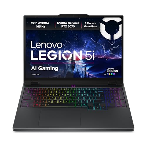 Lenovo Legion 5i 15IRX10 Gaming AI Laptop | 15.1″ WQXGA 165Hz OLED Display | NVIDIA GeForce RTX 5070 | Intel Core i7-13650HX | 32GB RAM | 1TB SSD | Win11 | QWERTZ | Eclipse Black | 3 Monate GamePass