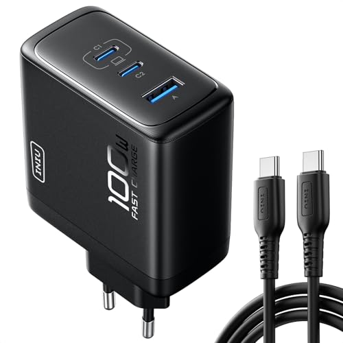 INIU 100W USB C Ladegerät, Laptop Schnellladegerät mit USB C Kabel, GaN 3-Port Mehrfach Netzteil für MacBook Air Pro, iPad, iPhone 17 16 15 Pro Max, Samsung Galaxy S25 S24 Ultra, Pixel, Switch 2 etc