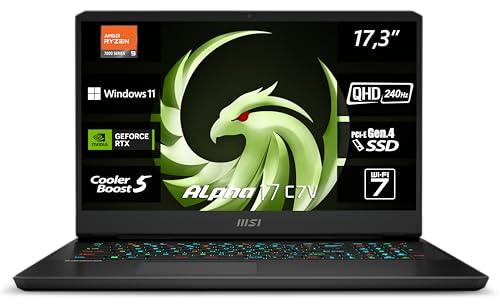 MSI Alpha 17 C7VG-031 , Gaming Laptop, 43,9 cm (17,3 Zoll) QHD, 240 Hz, AMD Ryzen 9 7945HX, 32 GB DDR5-5200, 1 TB SSD, NVIDIA GeForce RTX 4070, Windows 11 Home, QWERTZ Tastatur, Schwarz