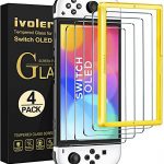 ivoler 4 Stück Panzer Schutz Glas Kompatibel für Nintendo Switch OLED Modell 7 Zoll 2021 Modell, Schutzfolie Mit Positionierhilfe, 9H Härte Schutzglas, Anti-Kratz, HD Klar, Anti-Bläschen