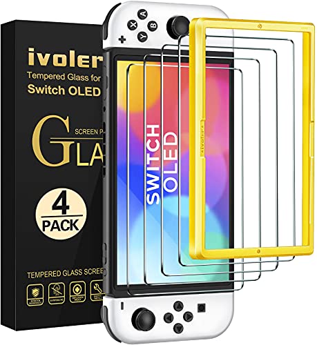 ivoler 4 Stück Panzer Schutz Glas Kompatibel für Nintendo Switch OLED Modell 7 Zoll 2021 Modell, Schutzfolie Mit Positionierhilfe, 9H Härte Schutzglas, Anti-Kratz, HD Klar, Anti-Bläschen