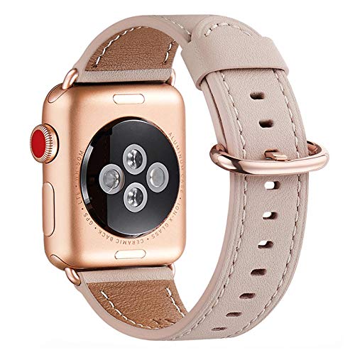 WFEAGL Kompatibel für Apple Watch Armband 40mm 41mm 38mm 42mm(Series 11 10),Lederband Ersatzband für Herren Damen Kompatibel für iWatch Series 11/10/9/8/7/6/5/4/3/2/1,SE,Rosa Sand+Rosé Gold Adapter