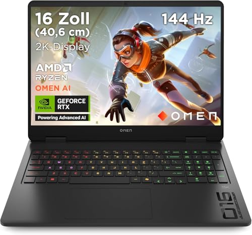 OMEN Gaming Laptop, 16" WUXGA Display 1920×1200, 16:10, 144Hz, AMD Ryzen 9 8940HX, NVIDIA GeForce RTX 5070, 32GB RAM, 1TB SSD, Win 11, 4-Zonen-RGB-QWERTZ Wi-Fi 6, Shadow Black, inkl. 3 Monate GamePass