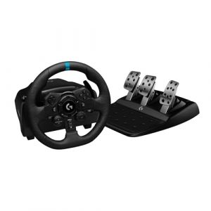 Einzeln Logitech G923 TRUEFORCE Gaming Rennlenkrad mit Pedalen, Kraftrückkopplung bis 1000 Hz, reaktionsschnelles Fahren, Doppelkupplungssystem, Echtleder Lenkrad, für PS5, PS4, PC, Mac - Schwarz