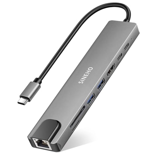 SINEHO 8-in-1 USB C Hub Multiport Adapter mit 4K@30Hz HDMI, 100W PD, USB 3.0, USB 2.0, USB-C-Datenanschluss, Ethernet-Port und SD/TF-Kartenleser – Kompatibel mit MacBook, Dell XPS und mehr