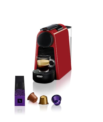 Nespresso De’Longhi Essenza Mini EN 85.R Kaffeekapselmaschine, Welcome Set mit 7 Kapseln in unterschiedlichen Geschmacksrichtungen, 19 bar Pumpendruck, Platzsparend, 0,6 l, Rot