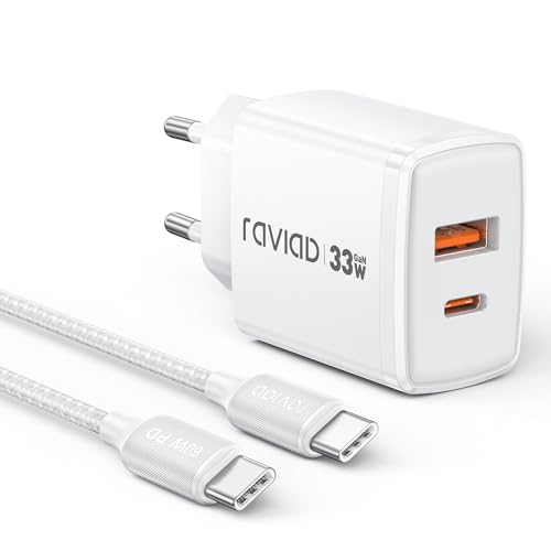 RAVIAD 33W USB C Ladegerät GaN Netzteil, 2-Port [USBC + USBA] PD Schnellladegerät mit USBC Kabel 1M, USB C Stecker für iPhone 16 15 Pro Max, Galaxy S25 S24 S23 Ultra, iPad Pro, MacBook Air