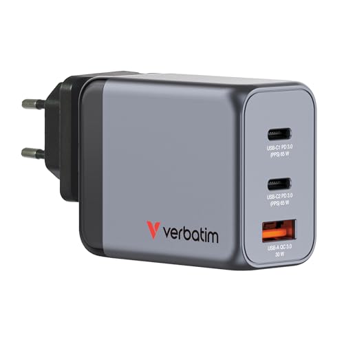 Verbatim GaN Charger 65 W, 3 Ports USB-C Ladegerät, Power Adapter mit 2 x USB-C und 1 x USB-A, Schnellladegerät als Mehrfachstecker, für Apple MacBook, Notebook, iPad, iPhone, Samsung und Co