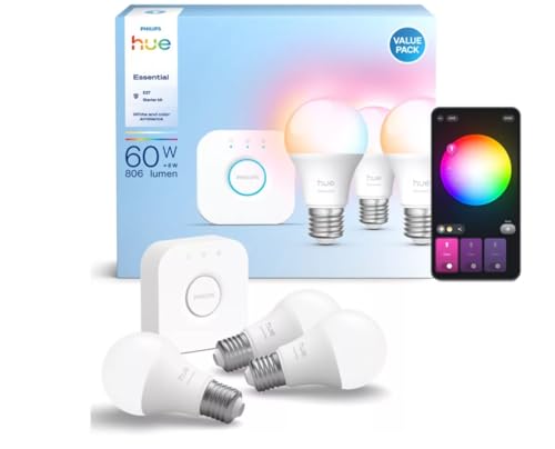 Philips Hue Smart Lighting Starter Kit mit 3 Lampen und Bridge, Weiß- und Farbatmosphäre, E27-Lampen, 806 Lumen, 60 W, inklusive Bridge, App-Steuerung, kompatibel mit Alexa und Google Assistant