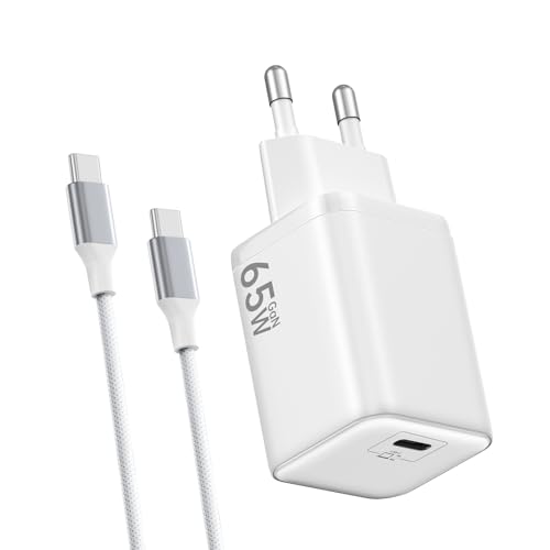 USB C Ladegerät 65W,PPS USB-C Netzteil mit C Ladekabel 2M Nylon geflochten,GaN Schnellladegerät für iPhone 17 Pro Max/16/15,MacBook Pro/Air,Galaxy S25 Ultra/S24/S23/S22/Note20,Tablet,Laptop,Weiß