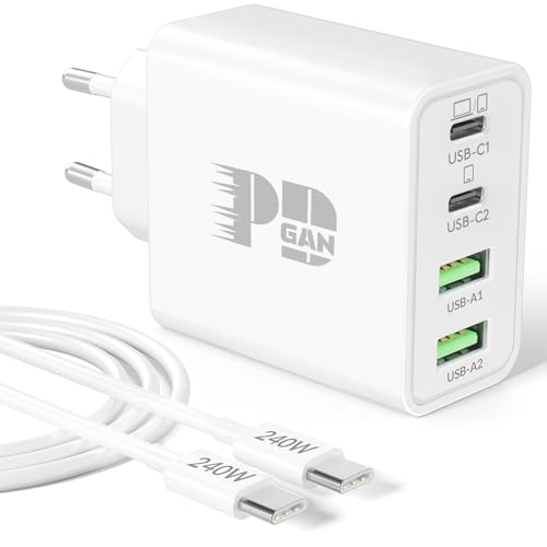 65W USB C Ladegerät, 4-Port GaN Netzteil PD/PPS USBC Schnellladegerät Fast Charger + 240W 2M Typ C Schnellladekabel für MacBook Pro Air, iPad, iPhone 17 16 15 Pro Max, Samsung S25 S24, Laptop Handys