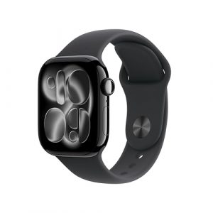 Apple Watch Series 11 GPS 42 mm Smartwatch mit Aluminiumgehäuse in Diamantschwarz und Sportarmband in Schwarz (S/M). Schlafindex, Fitnesstracker, Gesundheitstracking, Always-On Display, Wasserschutz