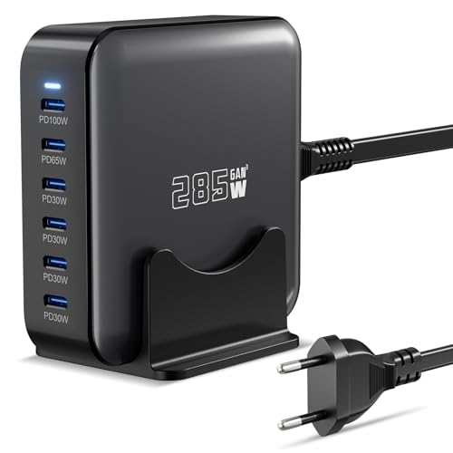 285W USB C Ladegerät, PD 100 W + 65 W Schnellladegerät 6 Port Ladestation GaN-III Charger, Netzteile Kompatibel mit MacBook Pro/Air, Dell XPS, iPhone 15/16/14/Pro, Samsung, Xiaomi, iPads, Steam Deck