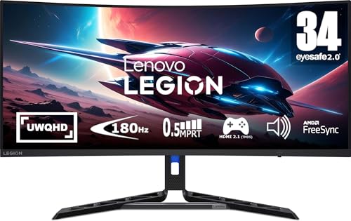 Lenovo Legion R34w-30 | 34" UWQHD Curved Gaming Monitor | 3440x1440 | 180Hz | 350 nits | 0,5ms Reaktionszeit | VA-Panel | HDMI | DisplayPort | AMD FreeSync Premium | entspiegelt | 8,1kg | schwarz
