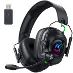 Krysenix KGH2 Gaming Headset Wireless für PS5, PS4, PC, Mac, Switch, 2.4GHz Gaming Headset mit Mikrofon, Noise Cancelling Kabelloses Kopfhörer mit LED-Lichtern, 40H Akkulaufzeit, Tintenschwarz