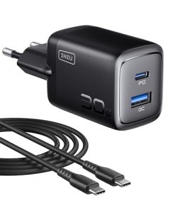 INIU 30W USB C Ladegerät, 2-Port [USBC + USBA] Schnellladegerät mit USBC Kabel, GaN PD Mehrfach Netzteil, USBC Adapter für iPhone 17 16 Pro Max iPad Air, Samsung S25 S24 Ultra, Google Pixel 10, Xiaomi