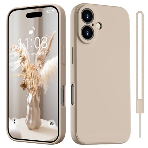 HGH für iPhone 16 Hülle Silikon mit Lanyard, Handyhülle für iPhone 16 Dünn Rundumschutz mit Microfiber-Innenfutter Kratzfest Schutzhülle Cover Hülle 6.1″ Khaki