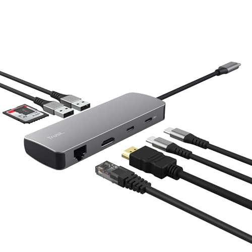 Trust Vylor 8-in-1 USB C Hub Multiport Adapter mit HDMI 4k60Hz, Gigabit Ethernet, MicroSD/SD Kartenleser, USB-C USB-A, Ladeanschluss 100W, Kompakt Docking Station PC Laptop Dell HP Asus MacBook