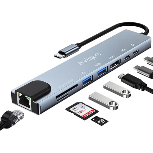 Avigers USB C Hub (8-in-1), USB C Multiport Adapter mit 100W PD, 4K HDMI, SD&TF Kartenleser, USB 3.0, Ethernet LAN Adapter für MacBook Air/Pro, Huawei, Dell und mehr (Schwarz)