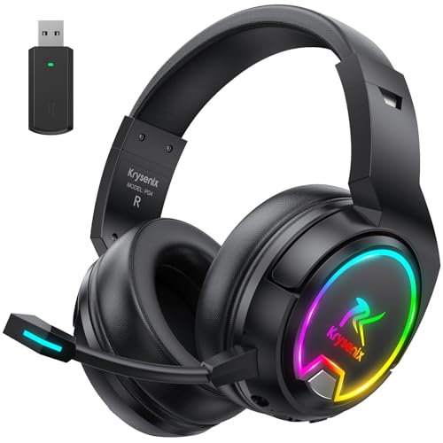 Krysenix PG4 2.4GHz Gaming Headset Wireless für PS4, PS5, PC, Mac, Switch, 48H Gaming Headset mit Noise Cancelling Mikrofon, Kabelloses Bluetooth Headset mit LED-Lichtern, Surround Sound, Rußschwarz
