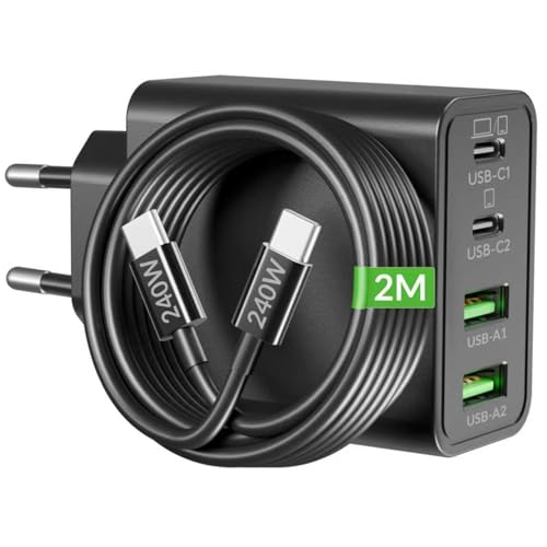 65W USB C Ladegerät, 4-Port GaN Netzteil PD/PPS Mehrfach Schnellladegerät Laptop Charger mit 240W Typ-C 2M Ladekabel für MacBook Pro/Air, iPad, iPhone 17/16/15, Samsung S25 S24, Dell HP Chromebook