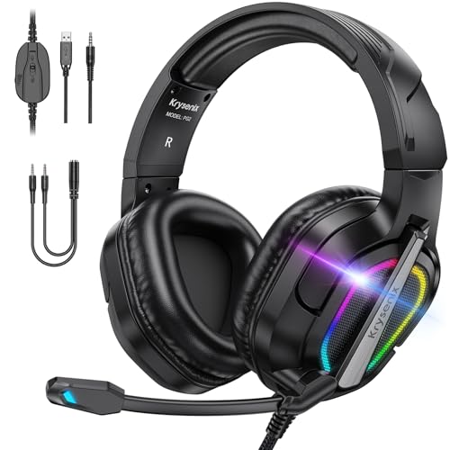 Krysenix PG2 RGB Gaming Headset für PS4, PS5, PC, Xbox, Nintendo Switch, Ps5 Gaming Headset mit Mikrofon, Xbox Gaming Kopfhörer mit LED, Noise Cancelling Kopfhörer mit 3.5mm Klinke,Reines Schwarz