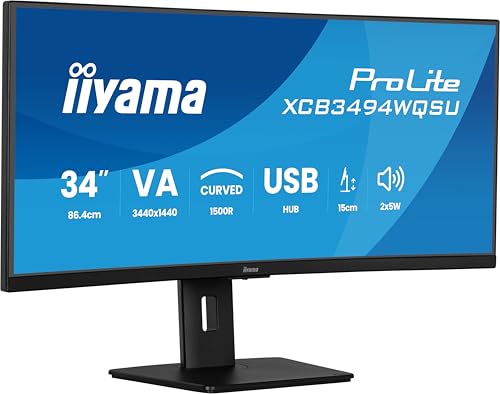 iiyama Prolite XCB3494WQSU-B1 Curved 1500R 86,7cm 34 Zoll VA LED-Monitor UWQHD HDMI DP USB3.2 USB-C 7.5W Adaptive Sync Höhenverstellung schwarz