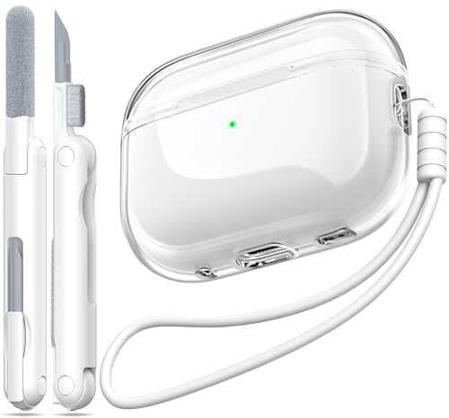 MHYALUDO Kompatibel mit Airpods Pro 2/1 Generation Hülle, Kompatibel mit Airpods Pro Hülle 2 Generation USB C Ladeanschluss, Transparente Weiche Hülle mit Lanyard Reinigungsstift, Weiß