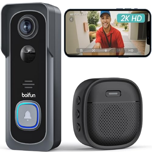 BOIFUN WLAN Video Türklingel mit Kamera, 2K-HD-funkklingel mit Kamera, 2.4GHz WLAN, Nachtsicht, PIR Bewegungserkennung, 2-Wege-Audio, Kompatibel mit Alexa, Unterstützt SD & Cloud-Speicher, mit Chime