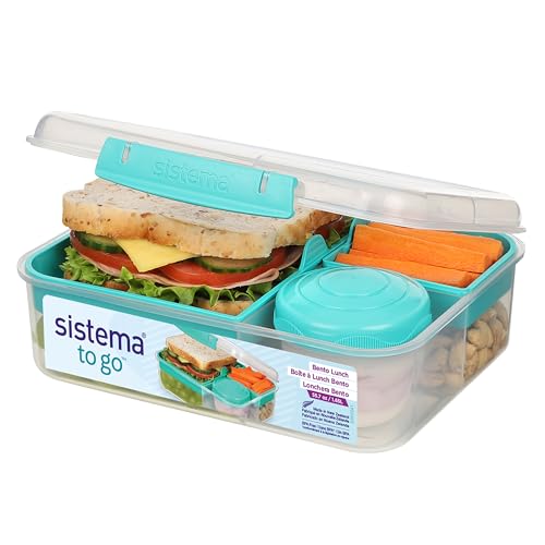 Sistema Bento Box TO GO Brotdose mit Fächern | 1,65 L Lunchbox mit Joghurt- /Fruchtbehälter | Lunchbox Kinder & Erwachsene | Blaugrün