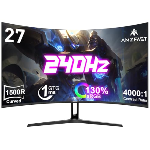 Amzfast Curved Gaming Monitor 27 Zoll, 240Hz(DP), FHD(1920×1080), sRGB 13, DCI-P3 98%, VA Panel 1500R, 1ms GtG, Adaptive Sync, Eye-Care, VESA 100×100, HDMI 2.0/DP 1.4 mit DP-Kabel – AMZG27C1 Pro