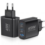 2er-Pack USB C Ladegerät 45W Netzteil GAN für iPhone/Samsung Galaxy S25/S24/S23/S22/S21 iPhone 16/15/14/13/12/11 Pro Max,3 Port Typ C USB Mehrfach PPS Schnellladegerät (Schwarz)