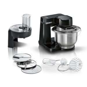 Bosch Küchenmaschine Serie 2, kleine Küchenmaschine, Edelstahl-Schüssel 3,8 L, Knethaken, Schlag-, Rührbesen Edelstahl, Durchlaufschnitzler, 3 Scheiben, 700 W, schwarz, MUMS2EB01