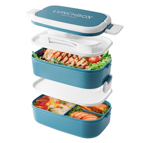 Beeptrum Bento Lunch Box stapelbar, 1400ml Behälter mit 4 Fächern und Besteck, auslaufsichere 2-Schicht-Boxen, für Erwachsene Kinder Büro, Mikrowelle spülmaschinenfest (Blau)