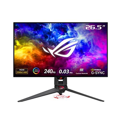 ASUS ROG Swift OLED PG27AQDM – 27 Zoll WQHD Gaming Monitor – 240 Hz, 0.03ms GtG, G-Sync, FreeSync, GameFast Input, HDR 10 – 10-bit OLED Panel, 16:9, 2560×1440, DP 1.4, HDMI, USB-Hub, Schwarz