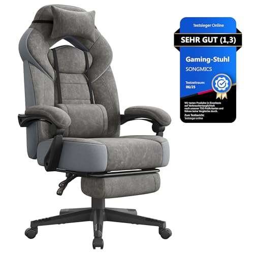 SONGMICS Gaming-Stuhl, Bürostuhl, Computerstuhl, ergonomisches Design, mit Fußstütze, verstellbares Kopfkissen, Lendenkissen, Tragkraft 150 kg, schiefergrau OBG077G01