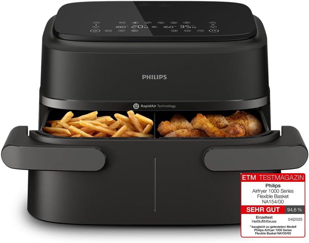 👑 Philips Airfryer 1000 Series Flexible Basket – Heißluftfritteuse mit 7,1 L Fassungsvermögen, RapidAir-Technologie, 10 Kochfunktionen, 9 weniger Fett, kompaktes Design, HomeID-Rezept-App (NA154/00)99,99€ statt 149,99€ – 34,0 🔥🚚 Verkauft durch Amazon und Versand durch Amazon5,228 Bewertungen: 4.6 / 5.0 ⭐️⭐️⭐️⭐️⭐️🛒 zu Amazon https://www.amazon.de/dp/B0DKKH9H5V/?th=1&tag=preisfehlerheute-21#038;psc=1&tag=preisfehlerheute-21