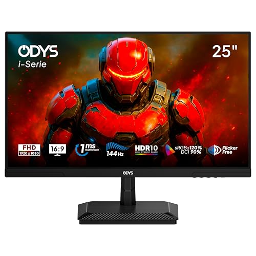 ODYS i25-F-144 Gaming Monitor – 25 Zoll (62 cm) Full HD (1920×1080), 144 Hz, 1ms (MPRT), IPS-Panel, Adaptive Sync, HDR10, 12 sRGB, HDMI 2.1, DisplayPort, Flicker-Free