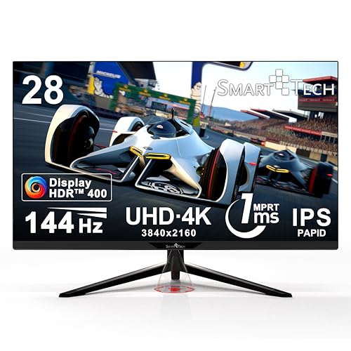 Smart Tech 28 Zoll UHD(3840 x 2160) 4K 144Hz Gaming Monitor Rapid IPS Panel, 1ms MPRT，13 sRGB Farbraum，DisplayHDR™ 400， AMD FreeSync™, mit Lautsprecher, VESA, HDMI, USB Typ-C, DP – Schwarz