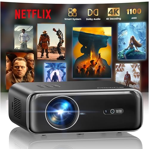 Smart Beamer mit Netflix, Dolby Audio, WiMiUS 1100 ANSI Autofokus/6D Trapezkorrektur Led Beamer 4K Heimkino Unterstützt, WiFi6 Bluetooth Full HD 1080P Outdoor Tageslicht Projektor für Android/iPhone