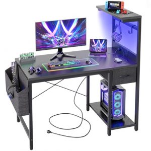 BEXEVUE LED Schreibtisch 100x50 cm mit Kohlefaserplatte, Gaming Tisch mit Schublade, Beutel und 2 Kopfhörer-Haken, computertisch mit Steckdosen, Schwarz