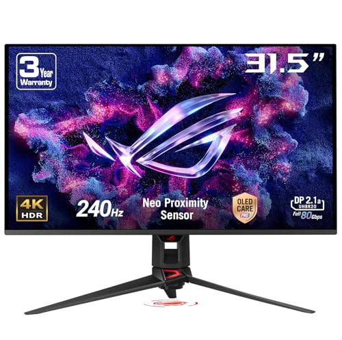 ASUS ROG Swift OLED PG32UCDMR 32 Zoll 4K UHD Gaming Monitor (240 Hz, 0.03ms GtG, G-Sync, FreeSync, AdaptiveSync, 10-bit, DisplayHDR 400, 16:9, 3840×2160, DP 2.1, HDMI 2.1, 90W USB-C, USB-Hub)