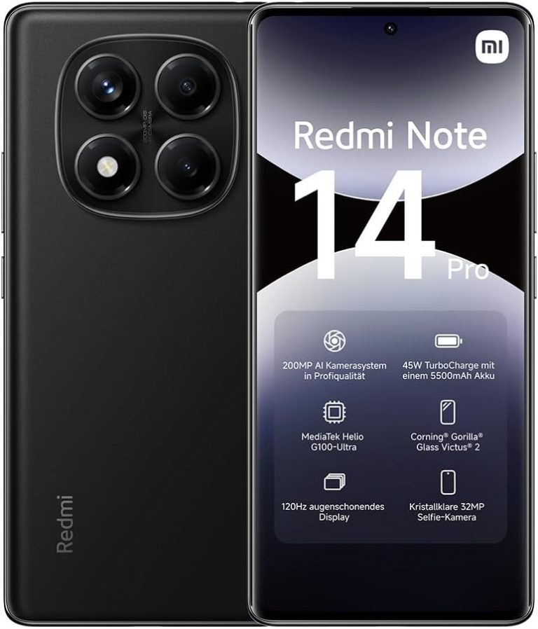 XIAOMI Redmi Note 14 Pro Smartphone, 8 + 256GB, Black, 200MP professionelle AI-Kamera, 5500mAh Akku, 32MP Selfie-Kamera, AI-Funktionen (kein Ladegerät enthalten)